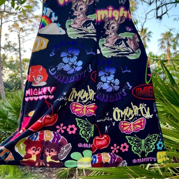 Omighty Logomania Black Mini Dress Size S Stretch Tattoo Sexy Sheer Straps Layer - Picture 12 of 17